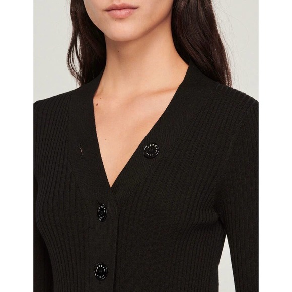 Sandro Black Ribbed Button Front Gabrielle Knit Cardigan - Picture 7 of 12
